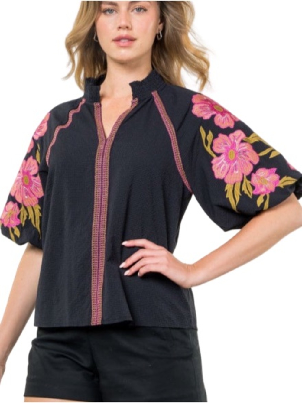 🌸🌸🌸THML Navy Puff Sleeve Top with Pink Floral Embroidery boho blouse colorful